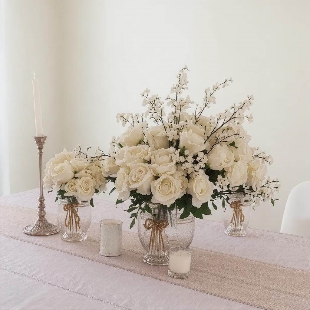 Świeczki i kwiaty na stół komunijny