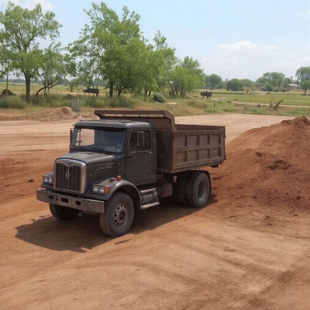 Wywrotka z czarną ziemią na placu budowy