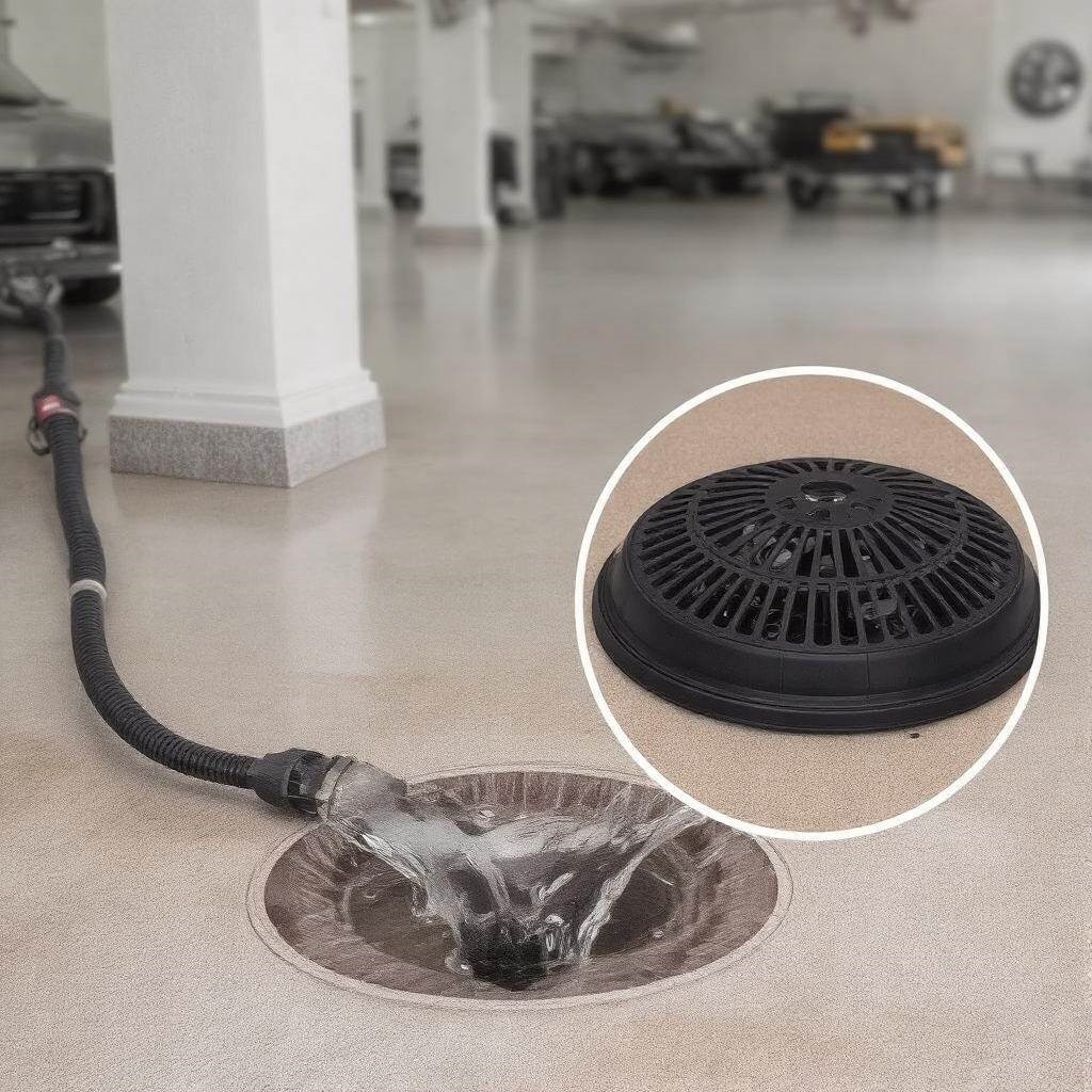 Zbliżenie na odpływ w podłodze garażu