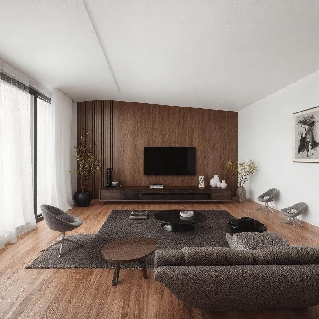 Zrównoważony design salonu z drewnianymi elementami