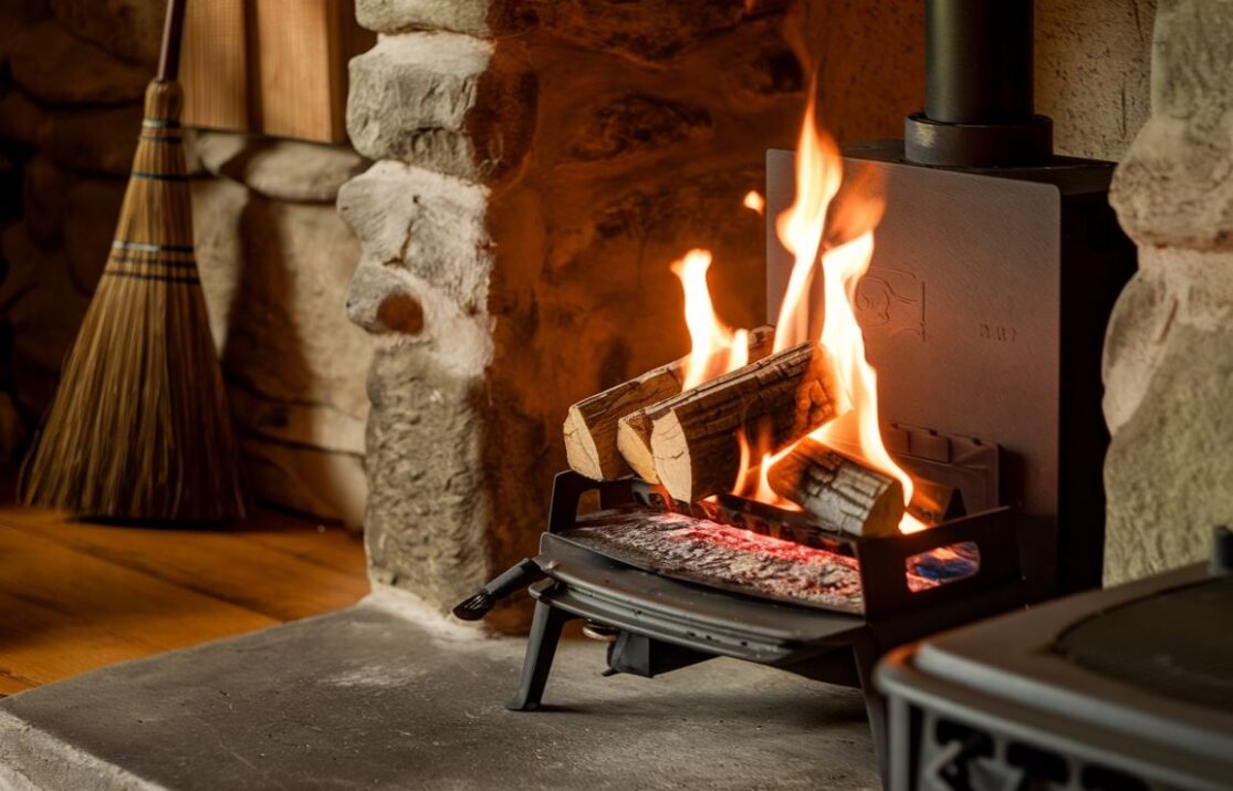 0Detal ognia i brykietów drzewnych w piecu co