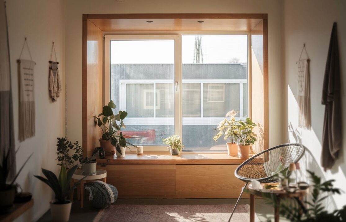 0Nowoczesne wnętrze z ciepłym parapetem i dużym oknem