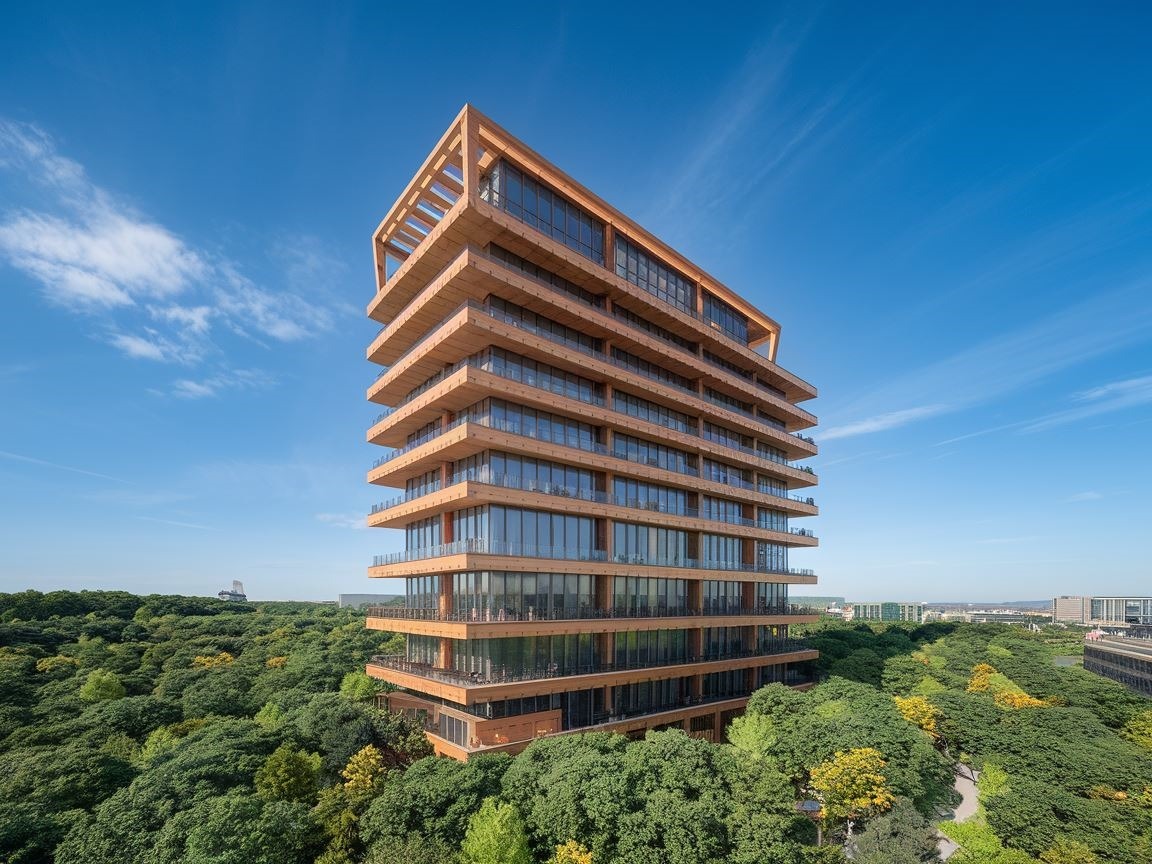 0Nowoczesny drewniany wieżowiec na tle natury