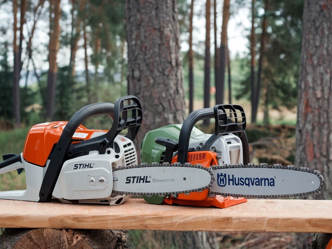 0Pilarka Husqvarna na tle stosu drewna