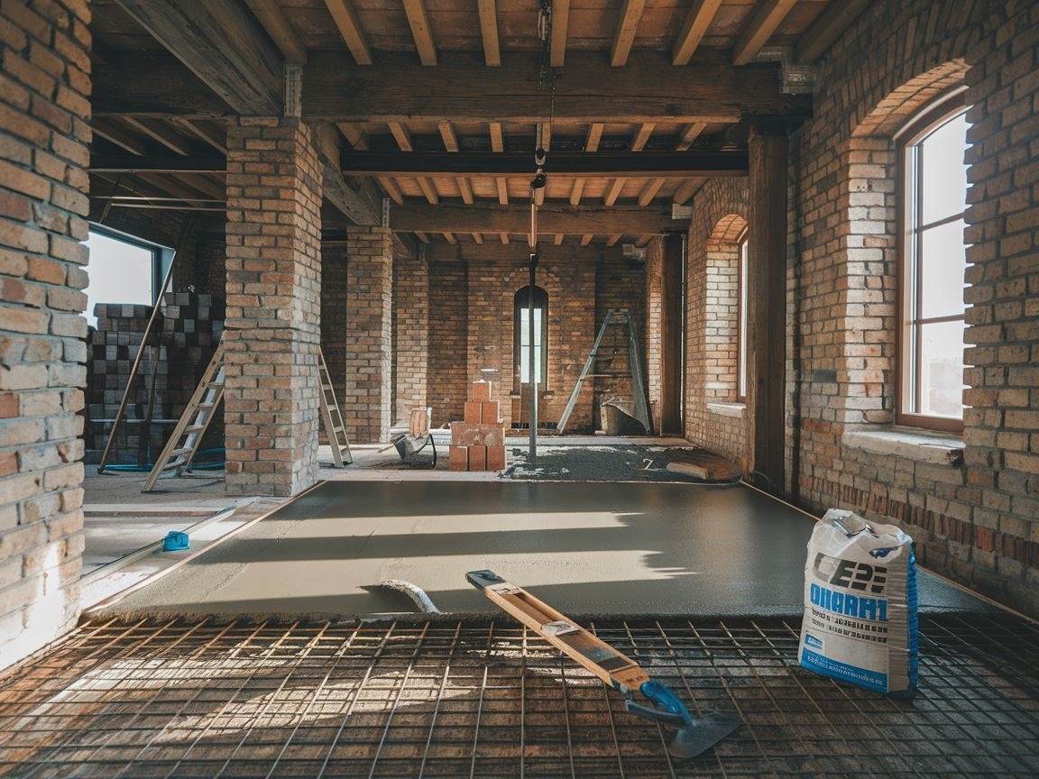 0Widok na wnętrze remontowanego domu z nową wylewką