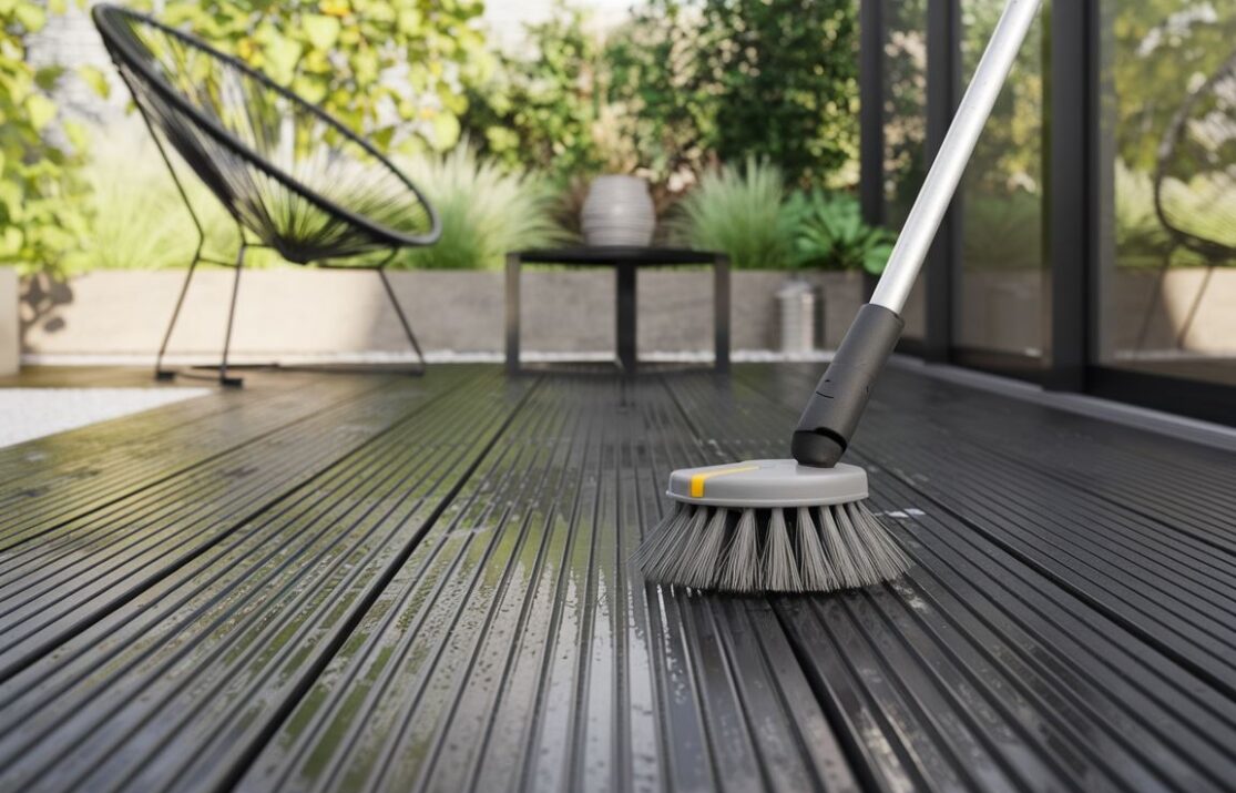 Czyszczenie tarasu z desek kompozytowych w słoneczny dzień