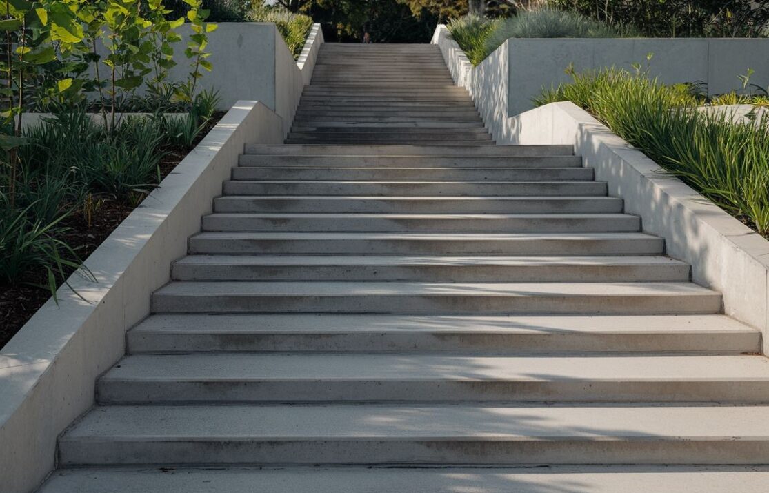 Detal tekstury betonowych stopni na schodach zewnętrznych