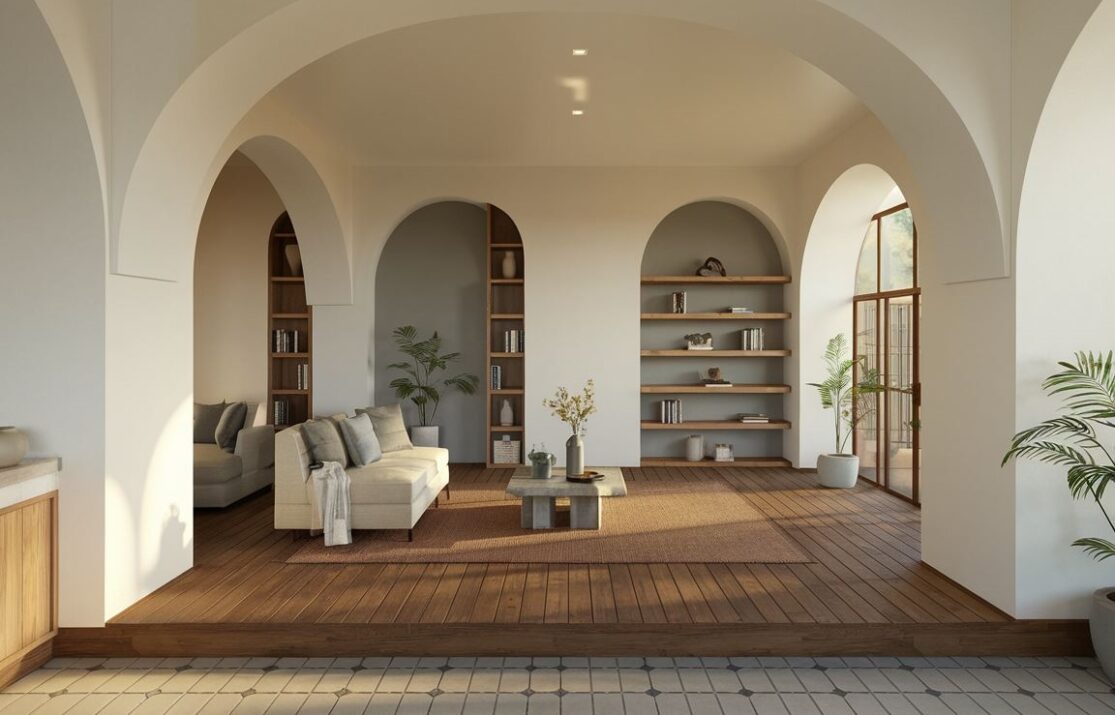 Drewniana podłoga z jasnymi płytkami ceramicznymi w salonie