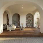 Drewniana podłoga z jasnymi płytkami ceramicznymi w salonie