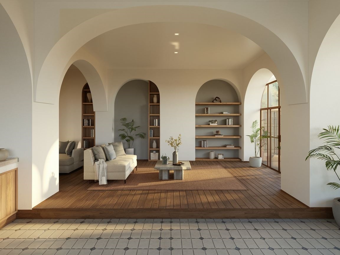 Drewniana podłoga z jasnymi płytkami ceramicznymi w salonie