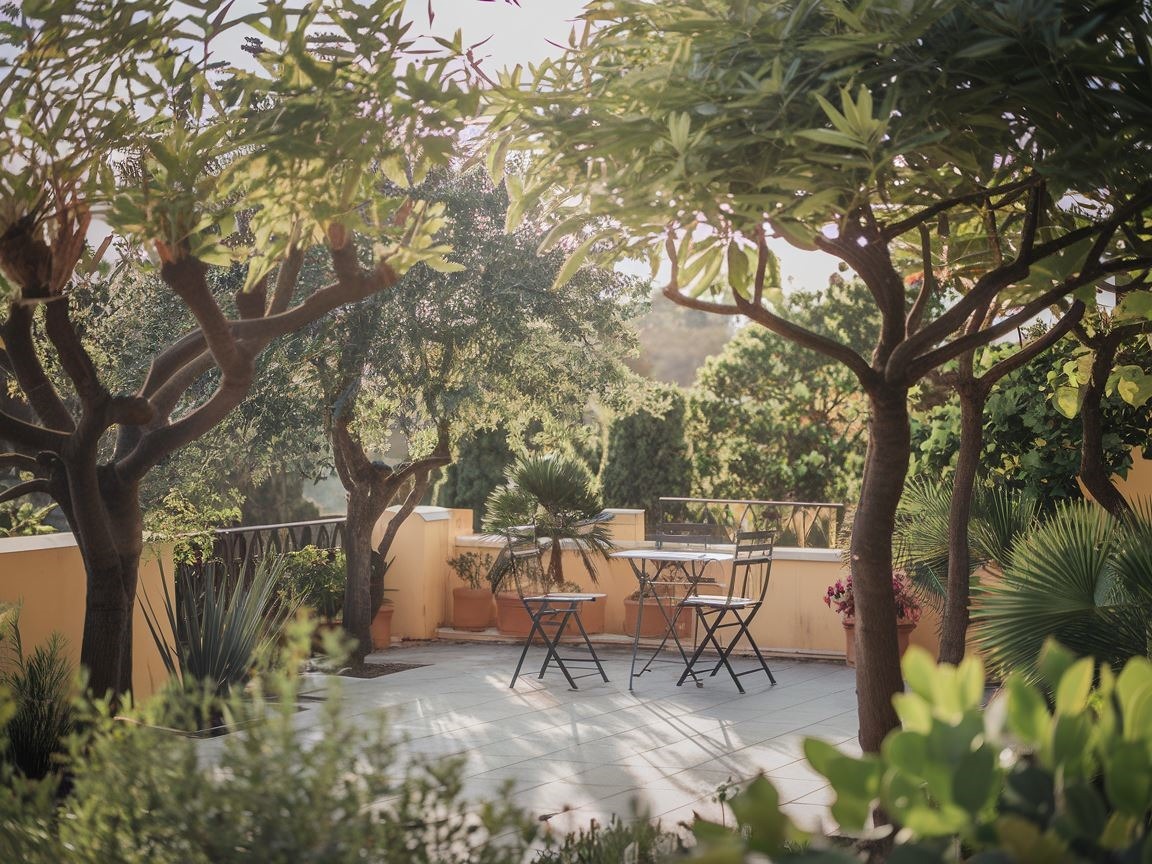 Drzewa ozdobne przy tarasie