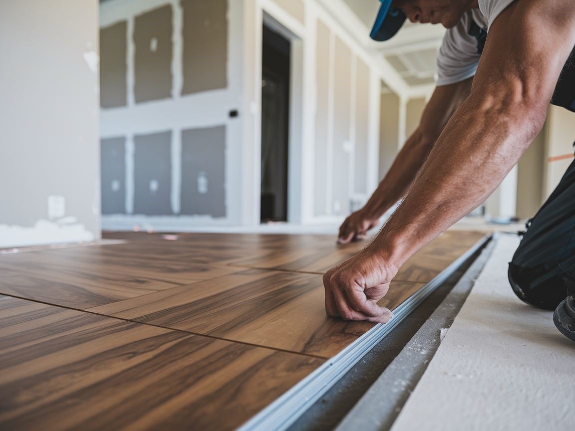 Ekipa montująca podłogę w mieszkaniu