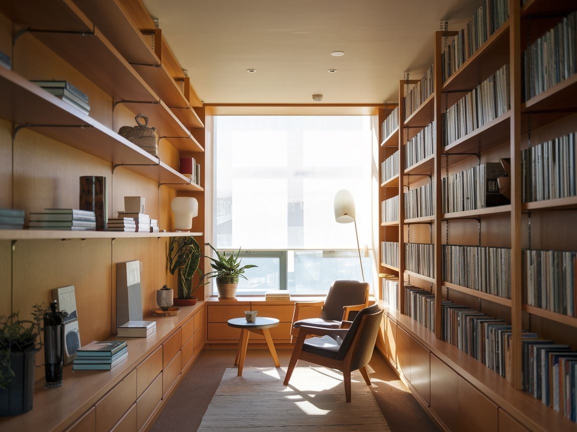 Elegancka biblioteka z drewnianymi półkami