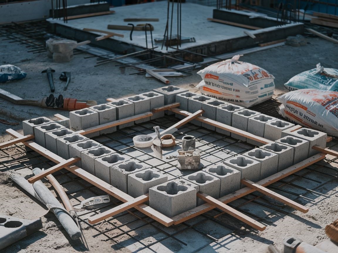 Fundament pod ogrodzenie z pustaków łupanych na placu budowy