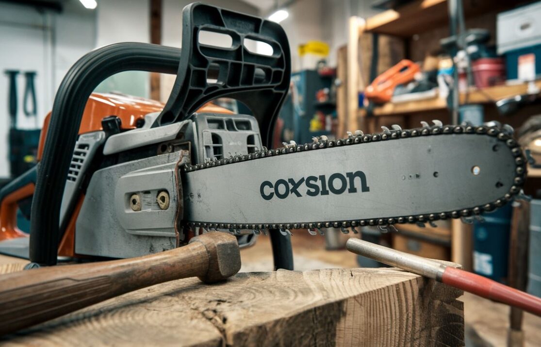 Łańcuch do piły mechanicznej na stole warsztatowym