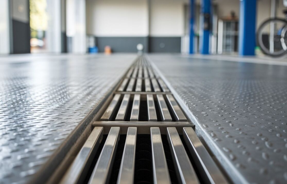 Metalowa kratka odpływowa na betonowej posadzce