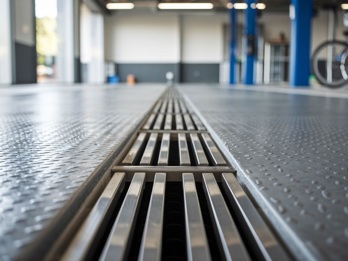 Metalowa kratka odpływowa na betonowej posadzce