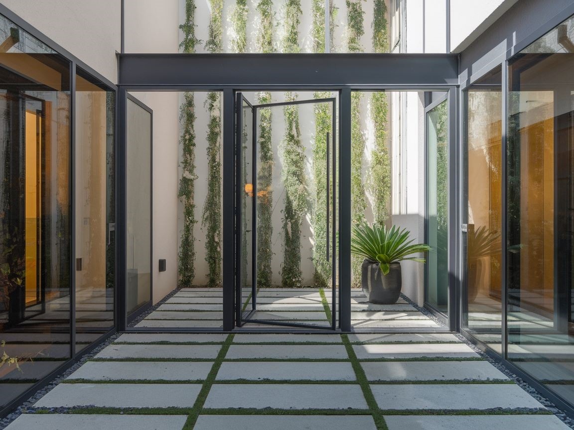 Nowoczesne wejście do domu z płytami chodnikowymi