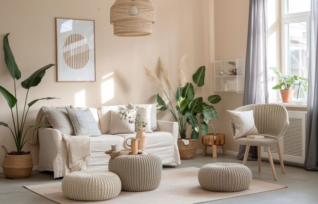 Nowoczesny beżowy salon z elementami drewna i jasnymi kolorami