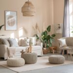 Nowoczesny beżowy salon z elementami drewna i jasnymi kolorami