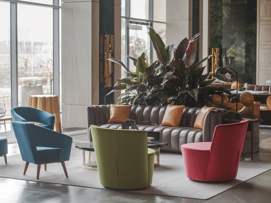 Nowoczesny salon z kontrastującymi krzesłami i kanapą