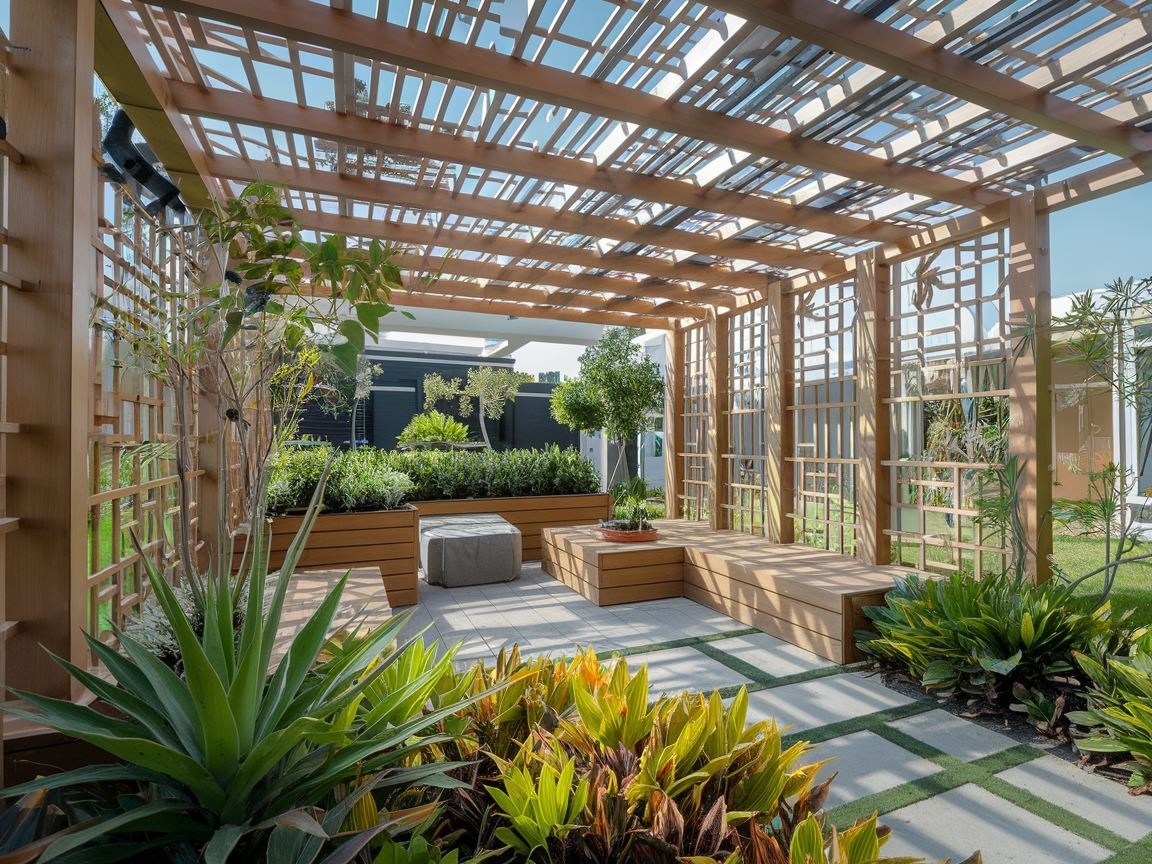 Ogród z pergolą i roślinami
