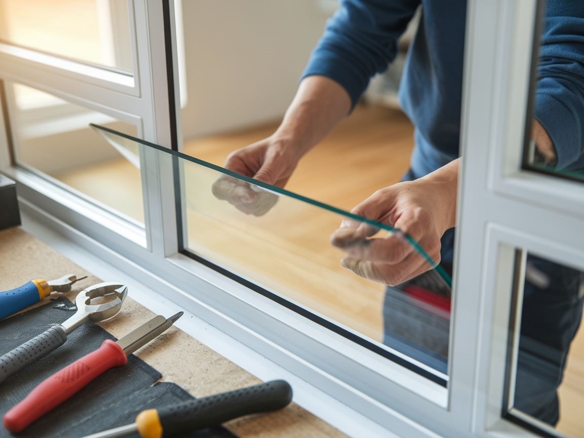 Osoba wymieniająca szybę w plastikowym oknie