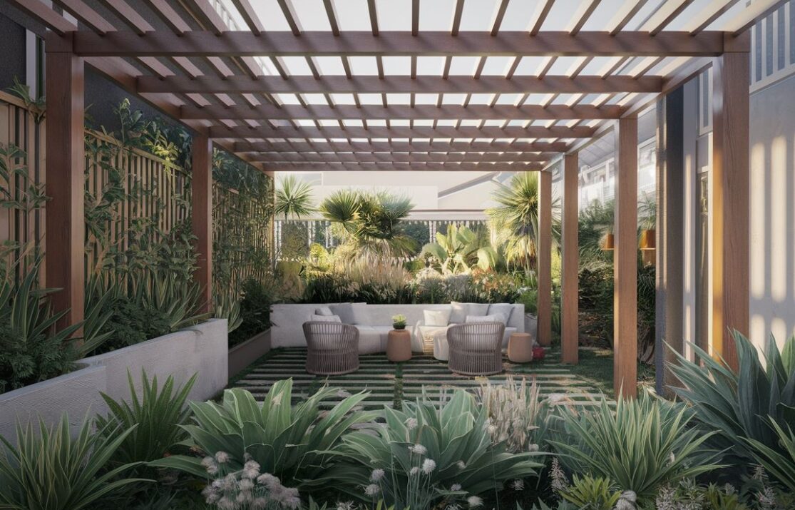 Pergola z zielenią i słońcem