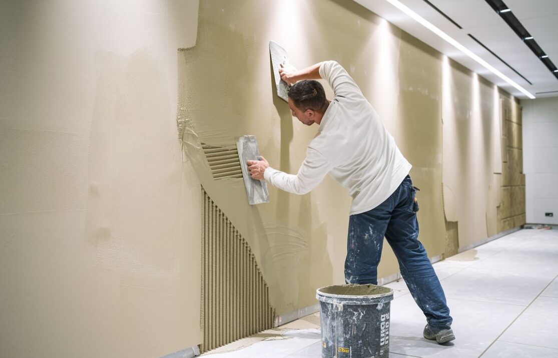 Proces aplikacji gładzi na ścianę za pomocą pacy