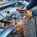 Proces cięcia metalowych rynien na placu budowy
