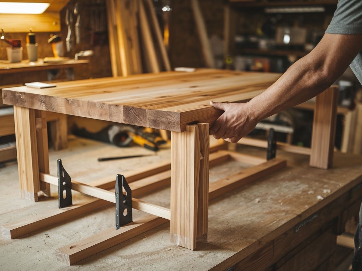 Proces przykręcania nóg do blatu stołu