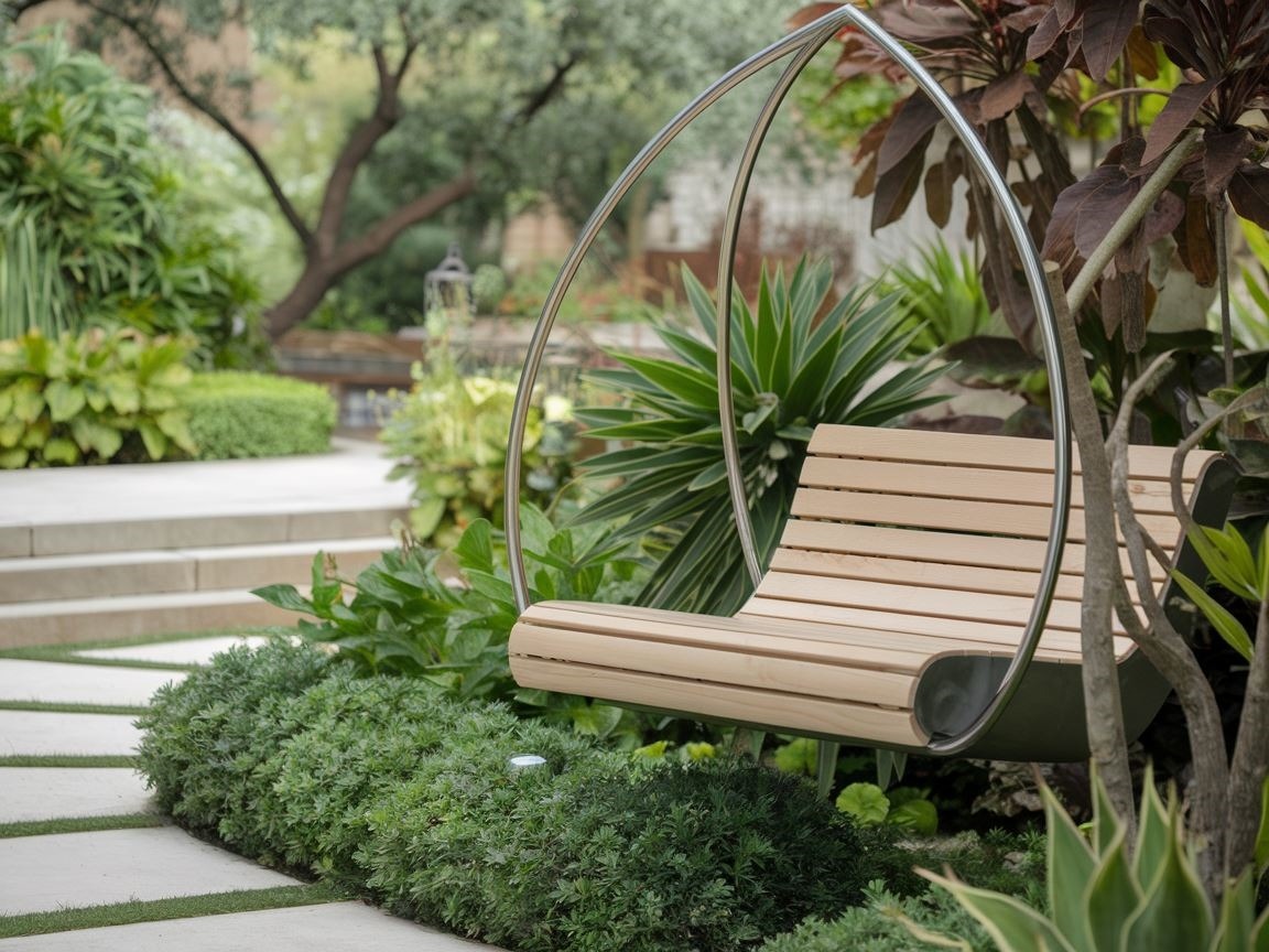 Przestronna ławka ogrodowa wśród roślin