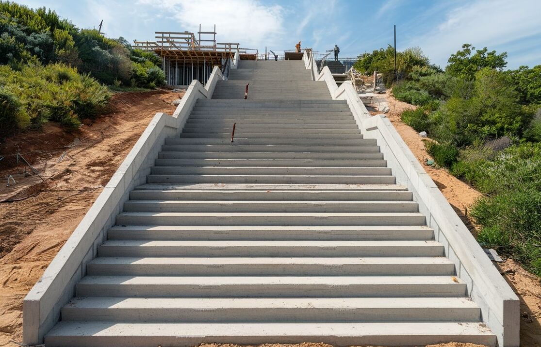 Schody betonowe na zewnątrz z poręczami