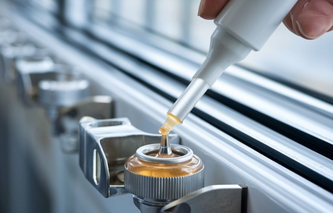 Smar w aerozolu obok okucia okiennego