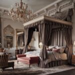 Sypialnia z bogatymi tkaninami i delikatnym oświetleniem