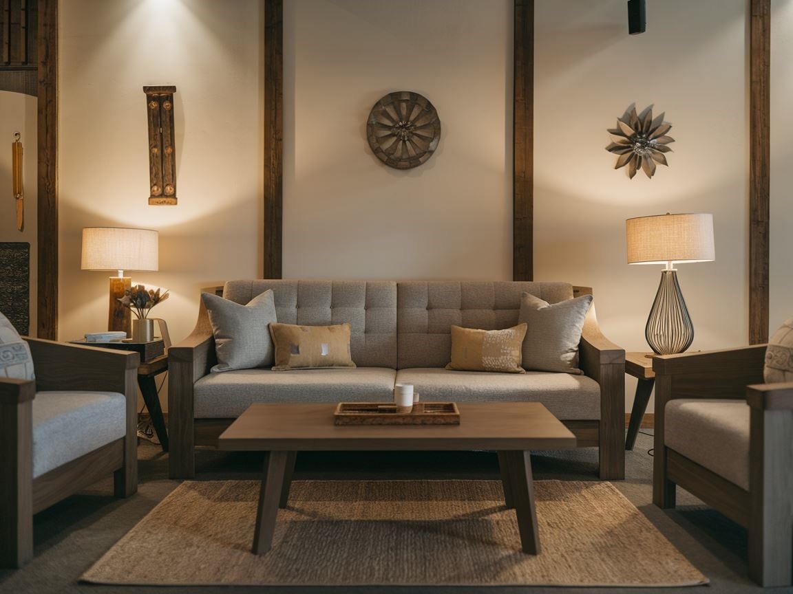 Szara sofa w eleganckim wnętrzu z brązowymi meblami