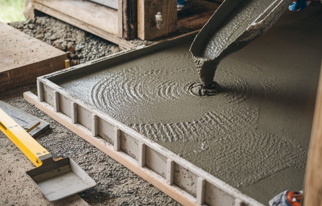 Użycie poziomicy przy wyrównywaniu świeżej wylewki