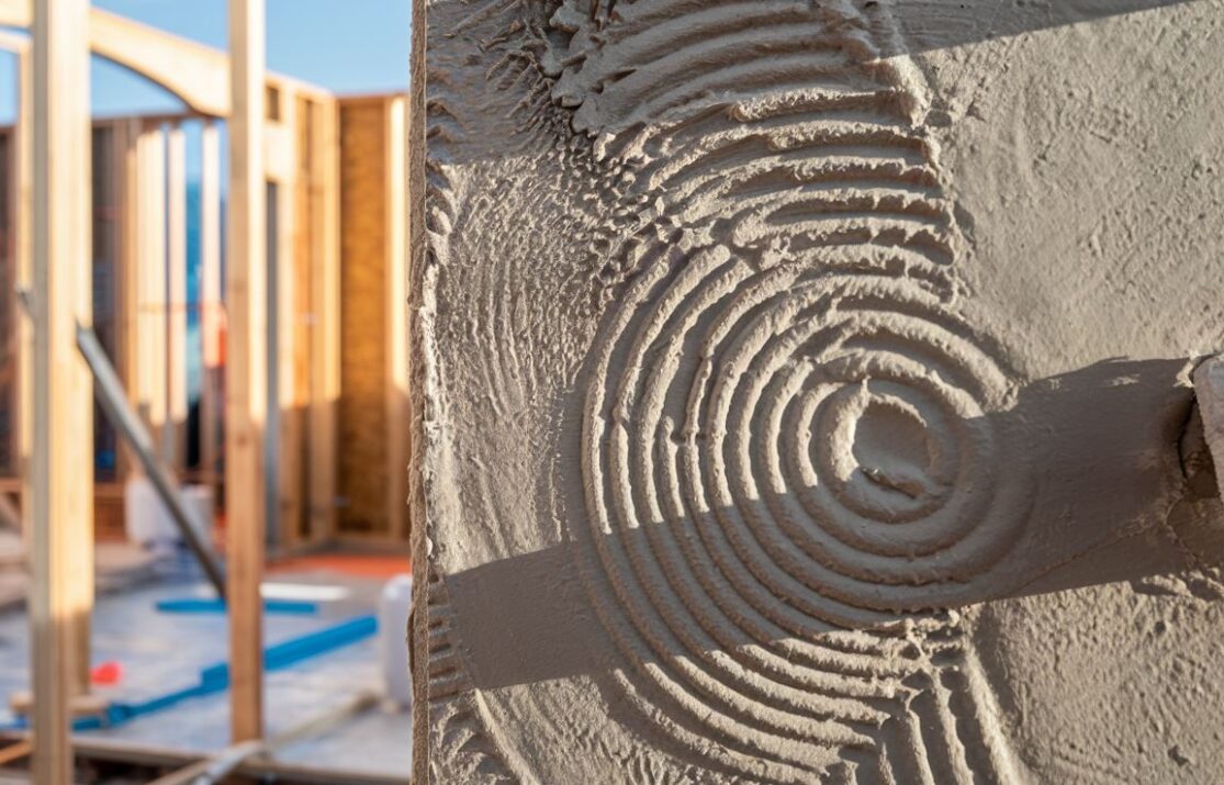 Widok tekstury mokrego tynku cementowowapiennego