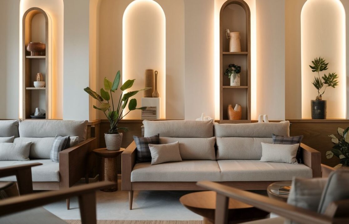 Wnętrze z szarą kanapą i brązowym stolikiem kawowym