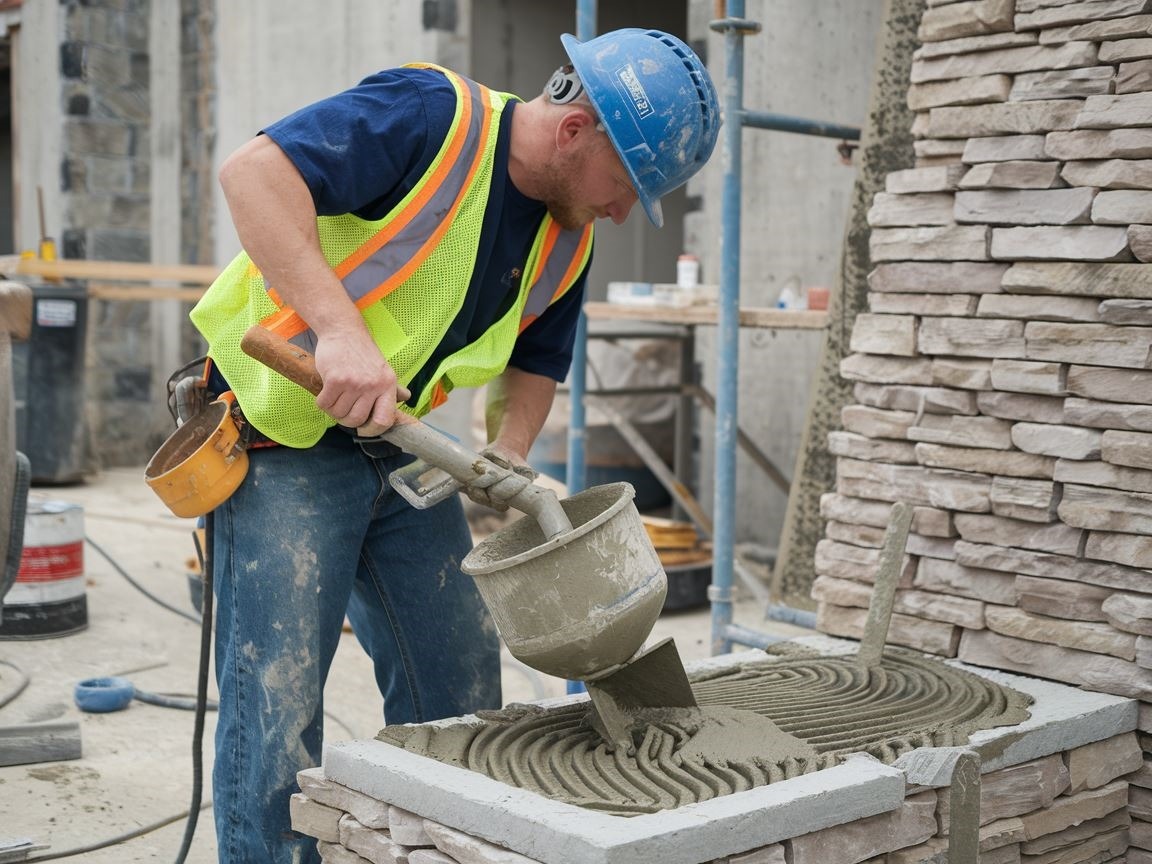 Zaprawa murarska w misie z narzędziami obok