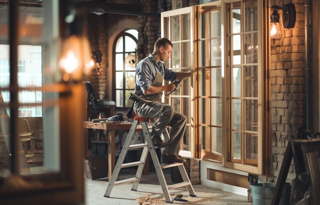 Zbliżenie na drewnianą ramę w trakcie renowacji