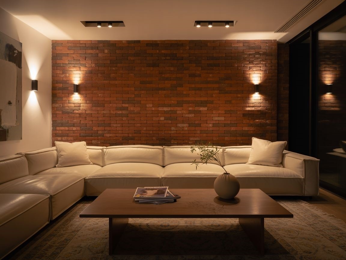 lampy LED na ścianie z cegły