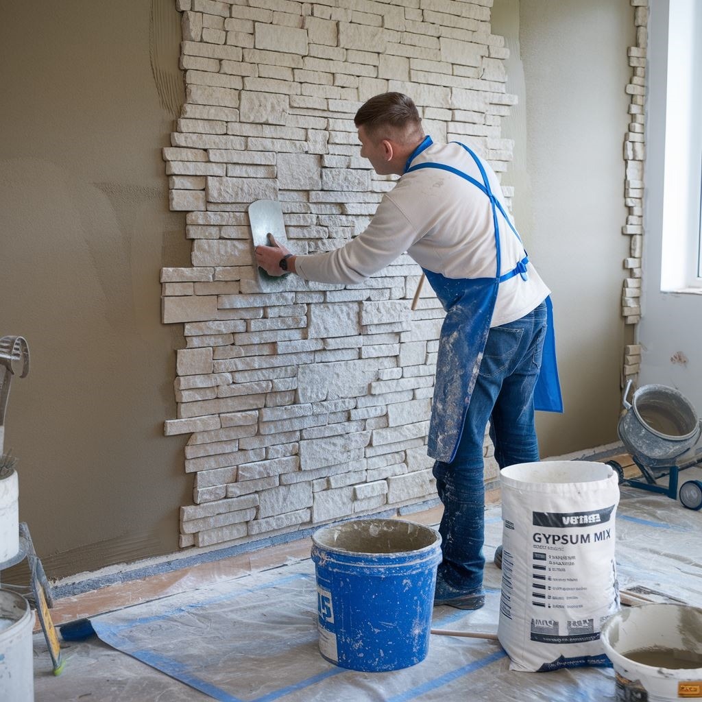 ręce przyklejające kamień dekoracyjny