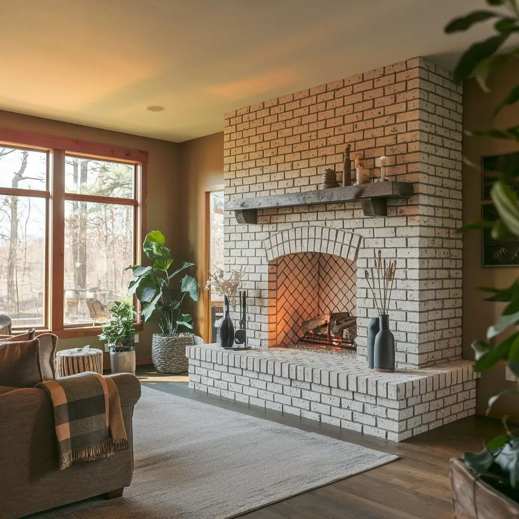 salon z kominkiem klinkierowym