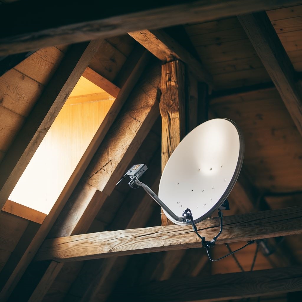 wnętrze strychu z anteną satelitarną