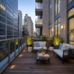 Balkon w mieście z drewnianym wykończeniem podłogi