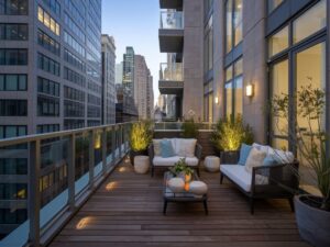 Balkon w mieście z drewnianym wykończeniem podłogi