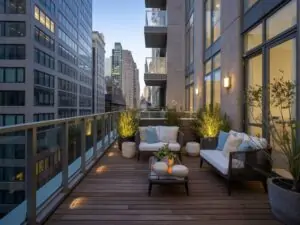 Balkon w mieście z drewnianym wykończeniem podłogi