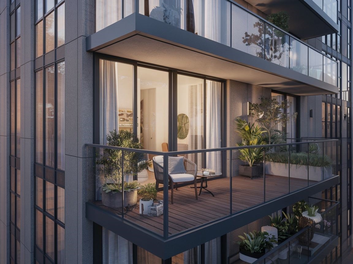 Stylowy balkon w bloku z deską tarasową i meblami ogrodowymi