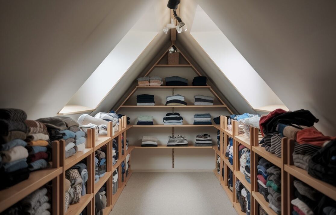 Tidy attic with folded clothes on shelves